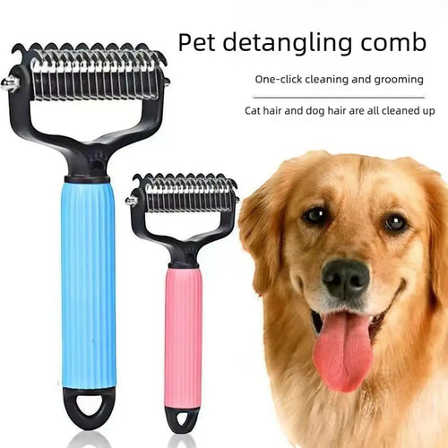My Store professional pet grooming detangling comb with blue and pink ergonomic handles for cats and dogs.