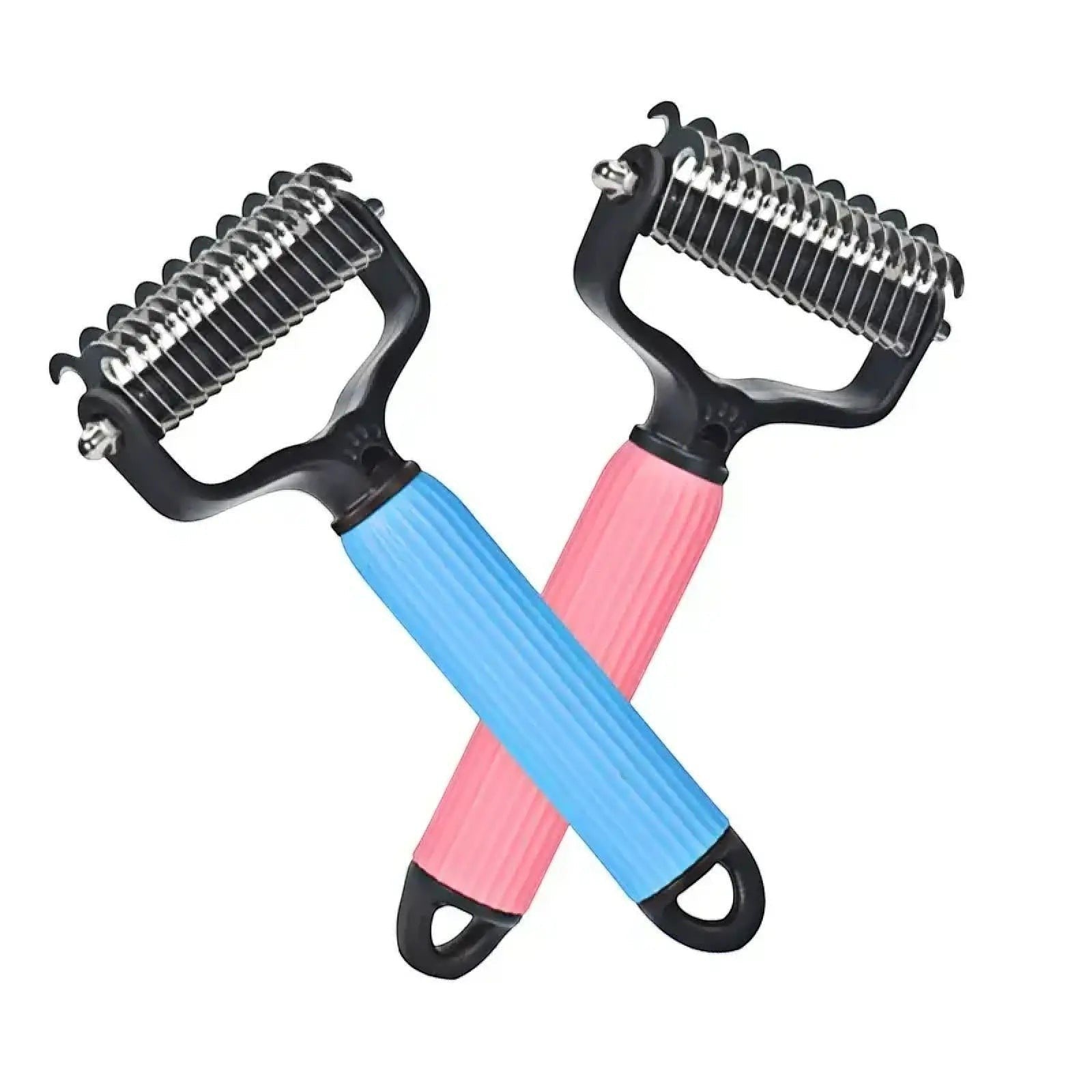 My Store professional pet grooming detangling combs with blue and pink ergonomic handles and metal de-shedding teeth.