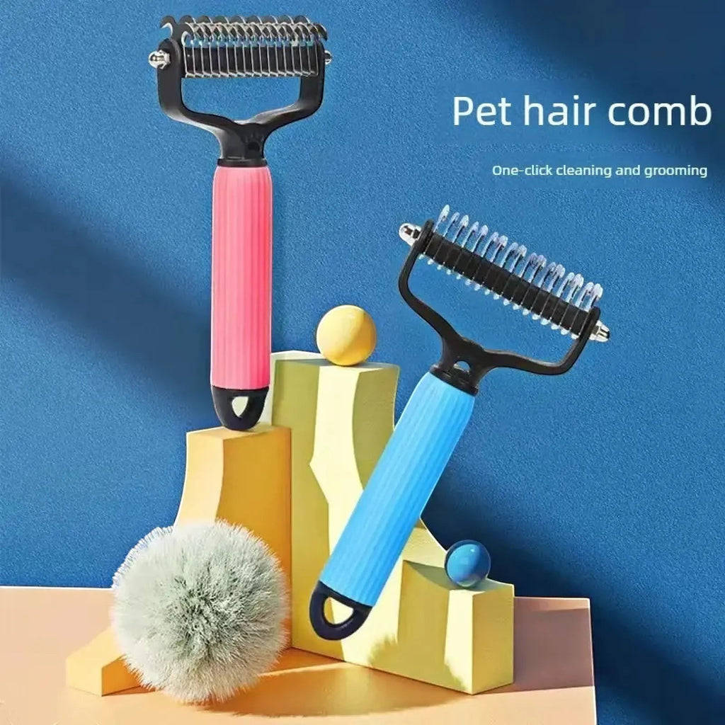 My Store professional pet grooming detangling combs with pink and blue ergonomic handles and one-click cleaning button.