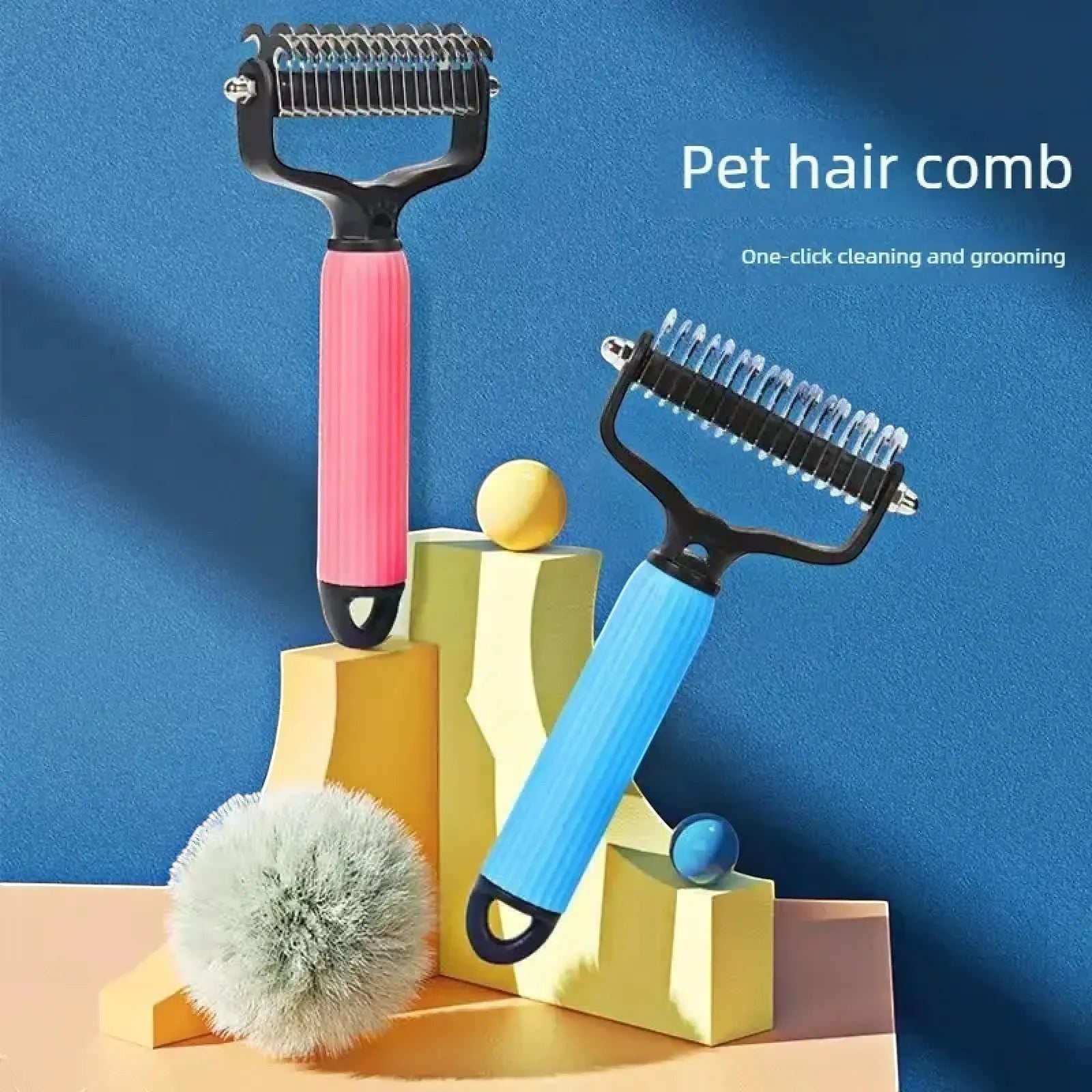 My Store professional pet grooming detangling combs with pink and blue ergonomic handles and one-click cleaning button.