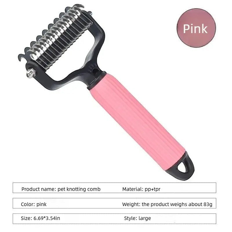 My Store pink pet grooming detangling comb with metal teeth and ergonomic ribbed handle for dogs and cats.