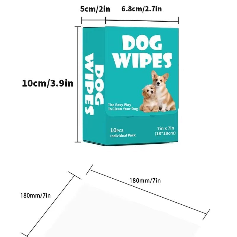 My Store universal pet cleaning wipes in a teal box with dog imagery, showing 7x7 inch dimensions for easy grooming.
