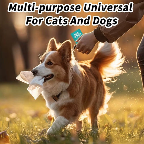 My Store universal pet cleaning wipes held by a person while a dog plays outdoors with a wipe in its mouth.