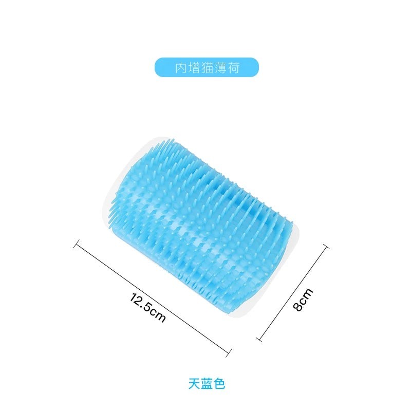 My Store wall-mounted light blue pet grooming brush with soft bristles and a catnip compartment for cats and dogs.