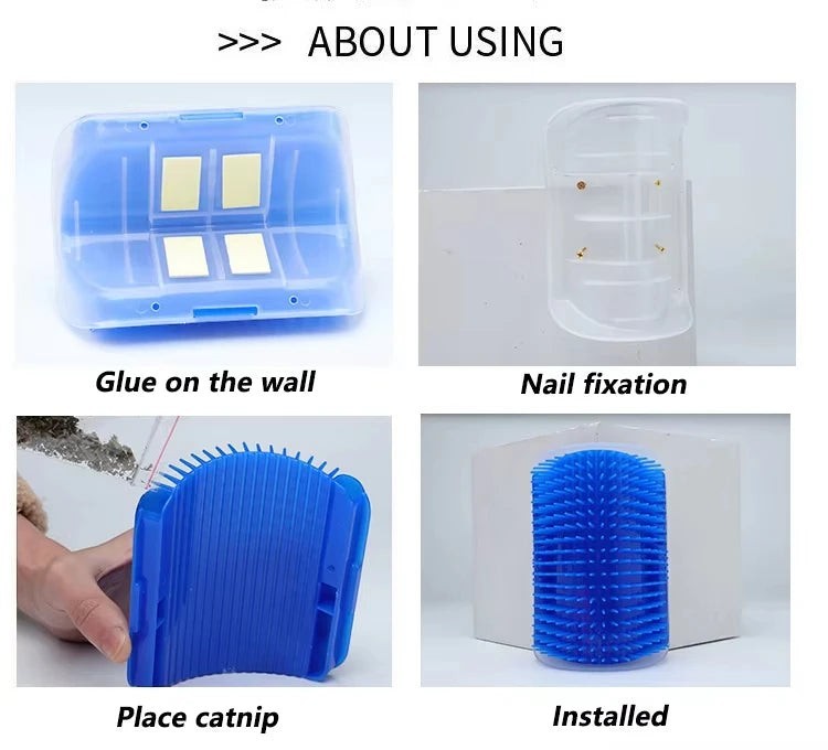 My Store wall-mounted blue pet grooming brush with catnip compartment, showing adhesive and screw installation steps.